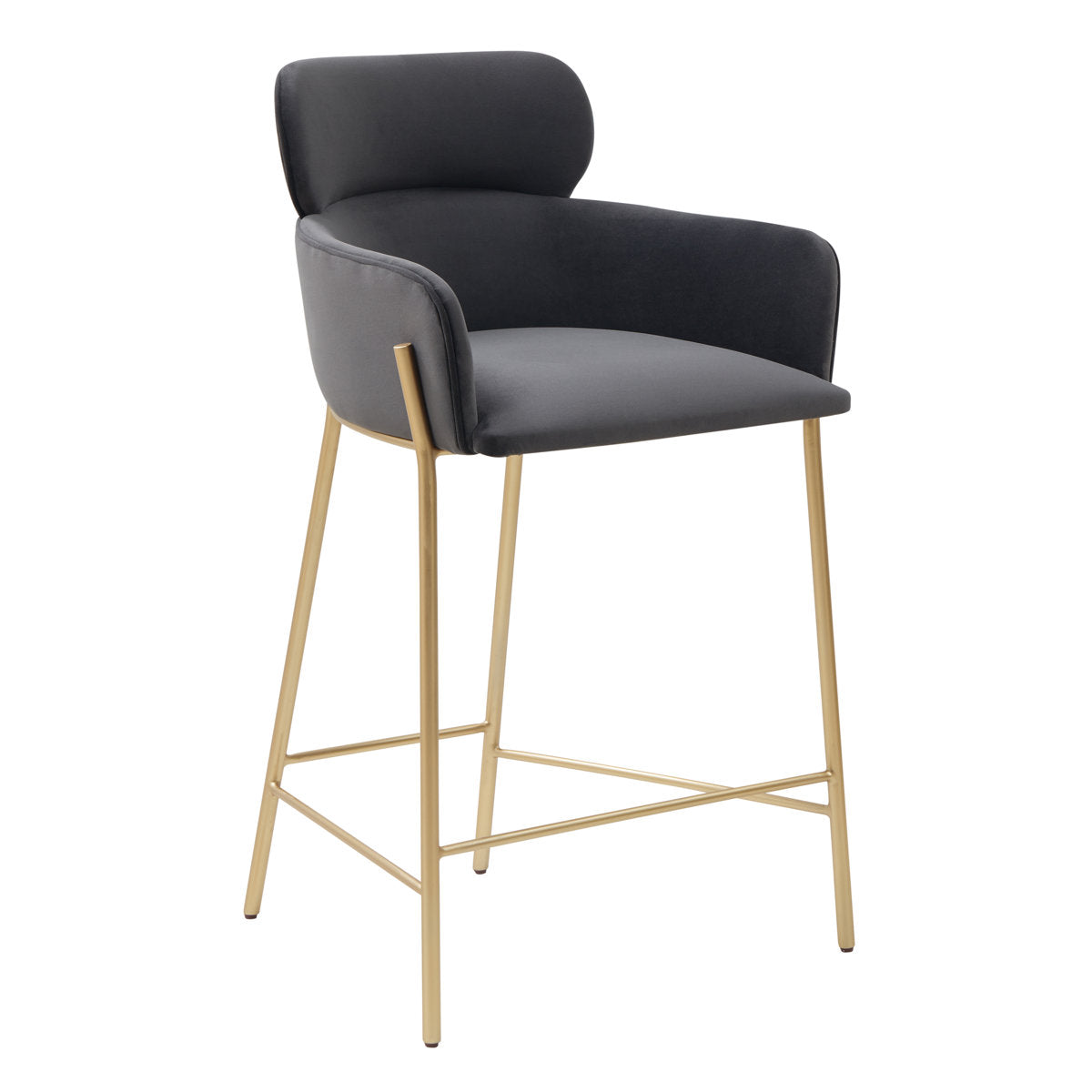 Counter Stool, Dark Gray Velvet Upholstery, Gold Steel Frame