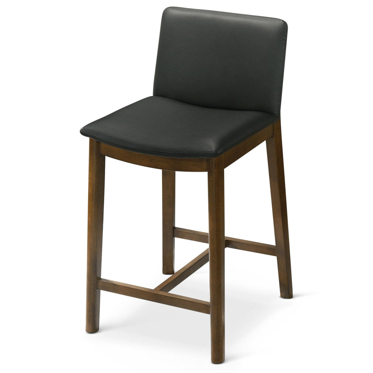 Counter Stool, Rubberwood Frame, Black Upholstered Seat, Brown Base