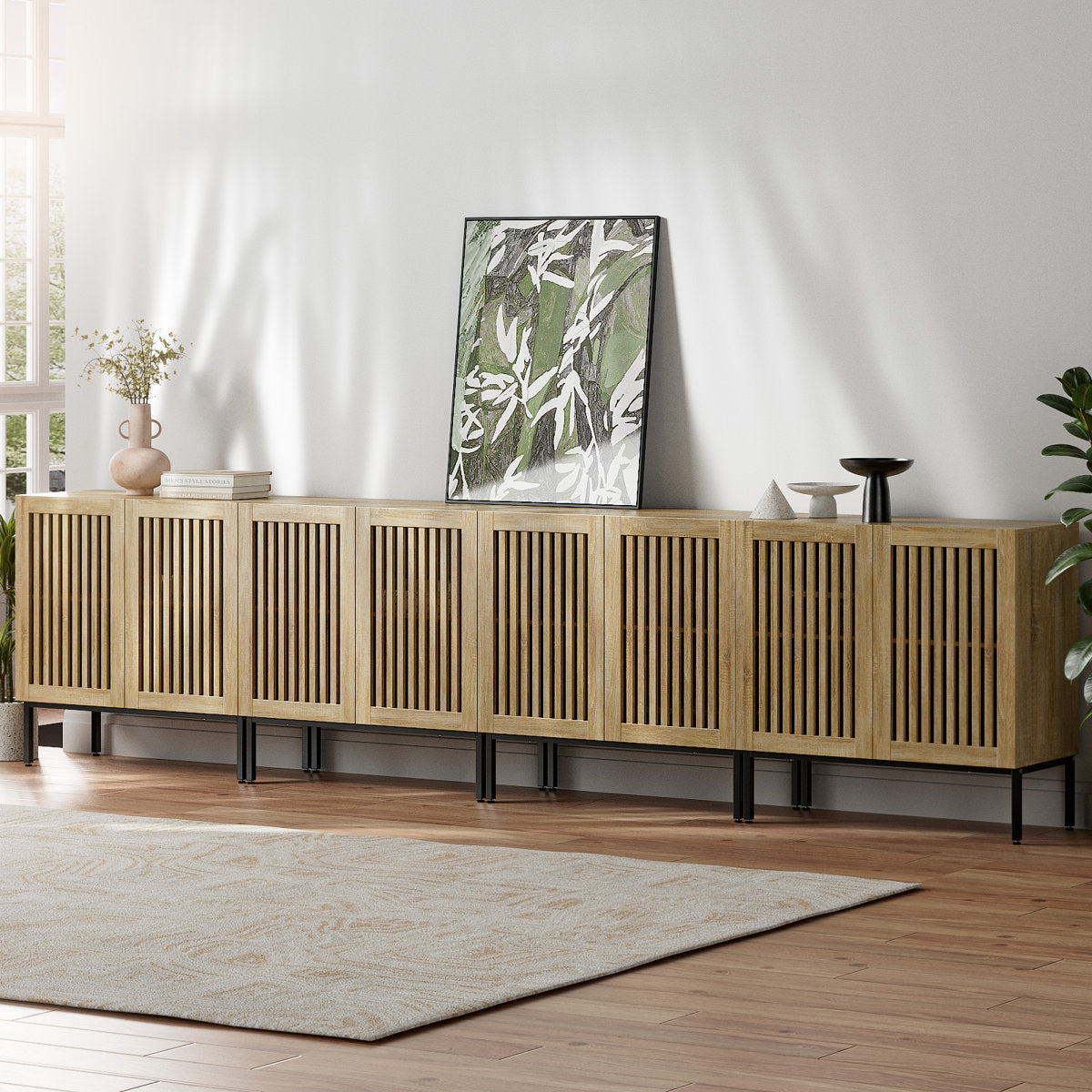 Sideboard Storage Cabinet, Manufactured Wood, Grille Striped Doors, Oak