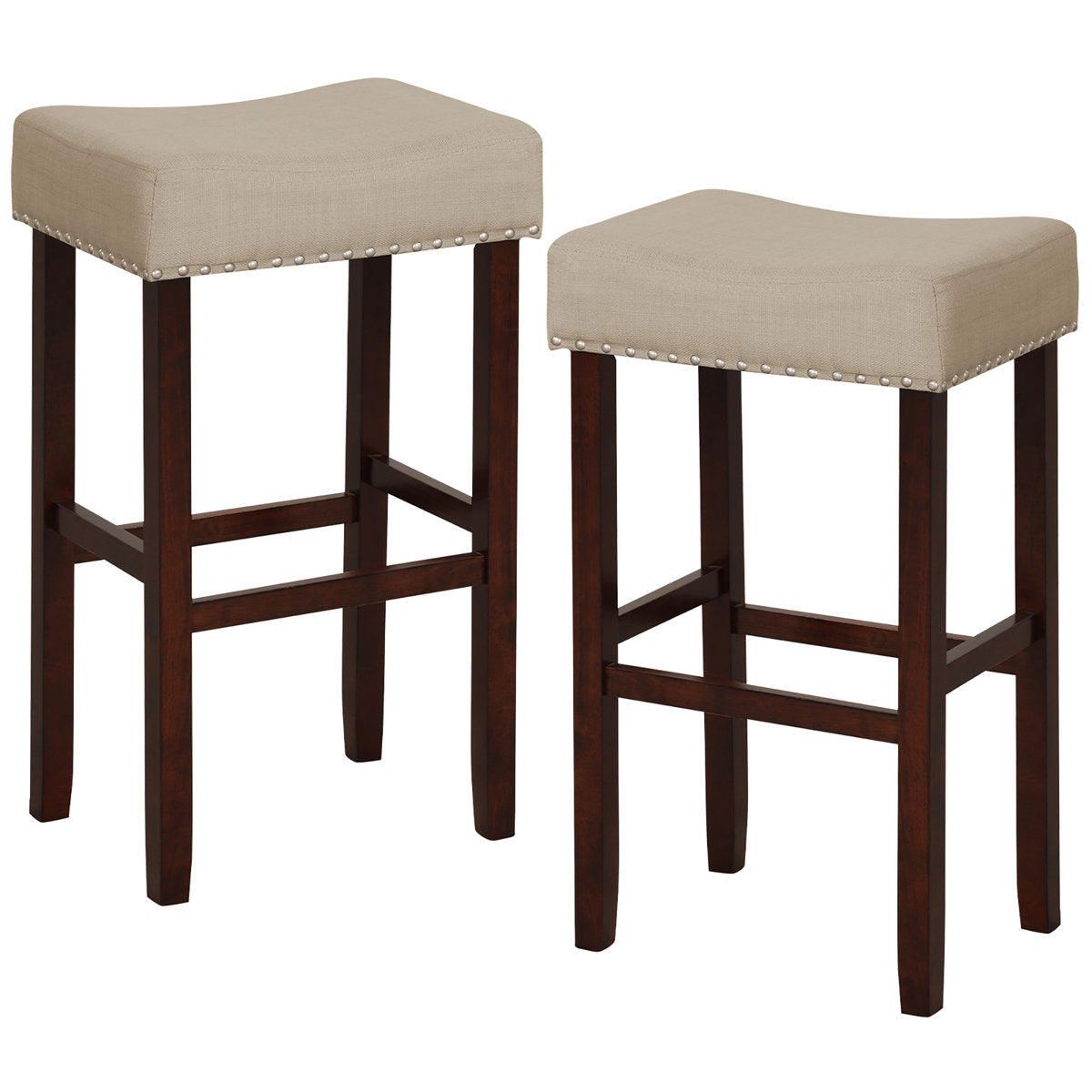 Bar Stool, Backless, Beige Linen Seat, Solid Wood Frame, Brown Base