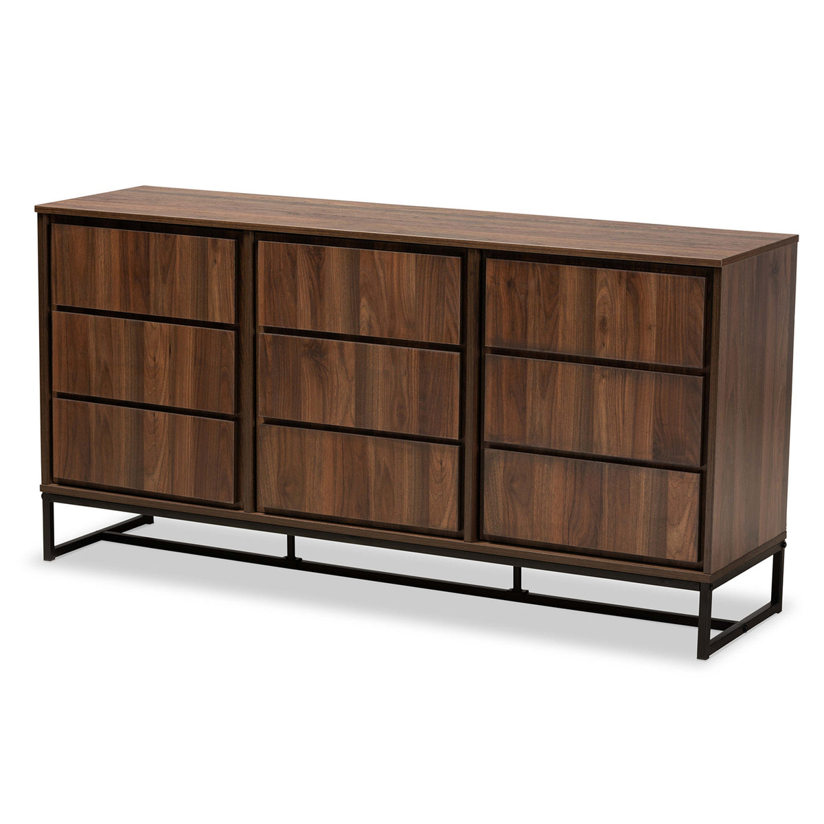 Sideboard, 3 Doors, 6 Shelves, Walnut Brown Wood, Black Metal Base