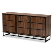 Sideboard, 3 Doors, 6 Shelves, Walnut Brown Wood, Black Metal Base