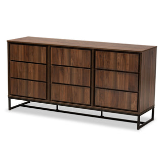 Sideboard, 3 Doors, 6 Shelves, Walnut Brown Wood, Black Metal Base