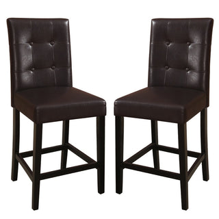 Counter Stools, Set of 2, Brown Faux Leather, Solid Wood Frame
