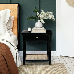 Nightstand, Solid Acacia Wood, Cane Shelf, Drawer, Black