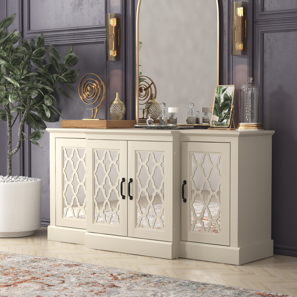 Sideboard, 4 Doors, Ivory Manufactured Wood, Mirrored Cut-Out Doors, 60.7 Inch