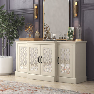 Sideboard, 4 Doors, Ivory Manufactured Wood, Mirrored Cut-Out Doors, 60.7 Inch
