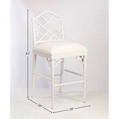 Bar Stool, Solid Mahogany Frame, Hand-Carved, White Linen Seat