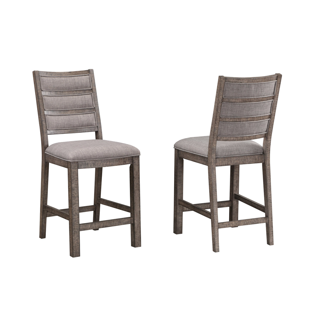 Counter Stool, Gray Solid Wood, Vinyl Seat, Ladder Back