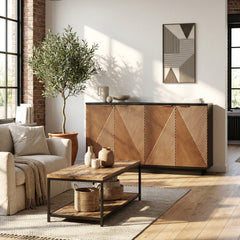 Sideboard Credenza, Manufactured Wood with Adjustable Shelves, Walnut