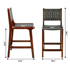 Counter Stool, Woven Faux Leather Seat, Rubberwood Frame, 24 Inch Seat Height