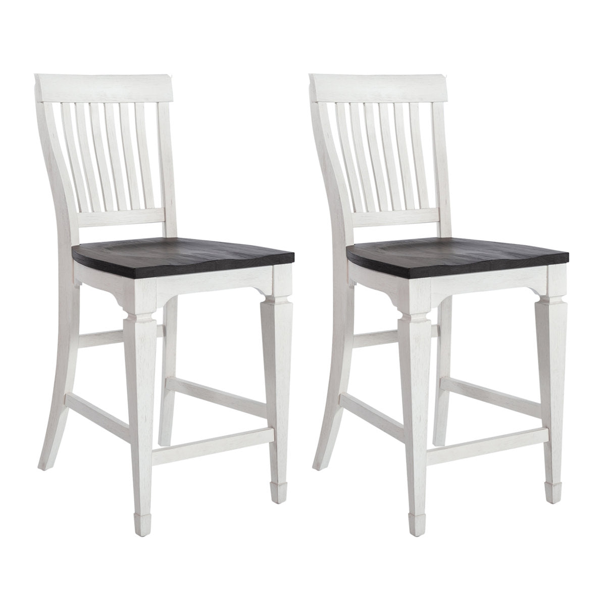 Counter Height Chairs, Set of 2, Slat Back, Wirebrushed White, Charcoal Seat