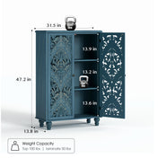 Accent Cabinet, 2 Carved Grille Doors, Pine Wood, Blue
