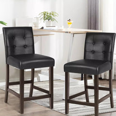 Counter Stools, Set of 2, Brown Faux Leather, Solid Wood Frame