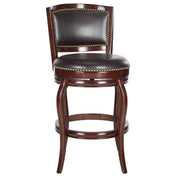 Swivel Bar Stool, Brown Faux Leather, Sierra Wood Base, Nailhead Trim