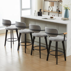 Swivel Barstools, Set of 2, Gray Upholstered Seat, Rubberwood Frame