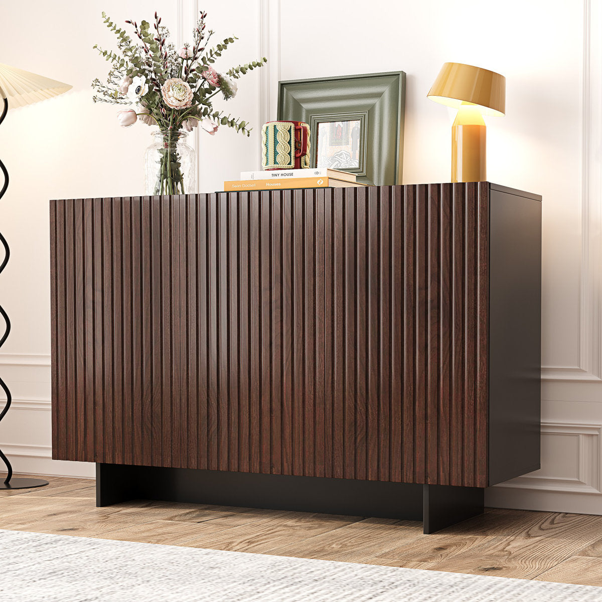 Sideboard Accent Cabinet, 3 Doors, 5 Adjustable Shelves, Black and Walnut
