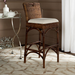 Bar Stool, Wicker Rattan, Cushioned Polyester Blend Seat, Full Back