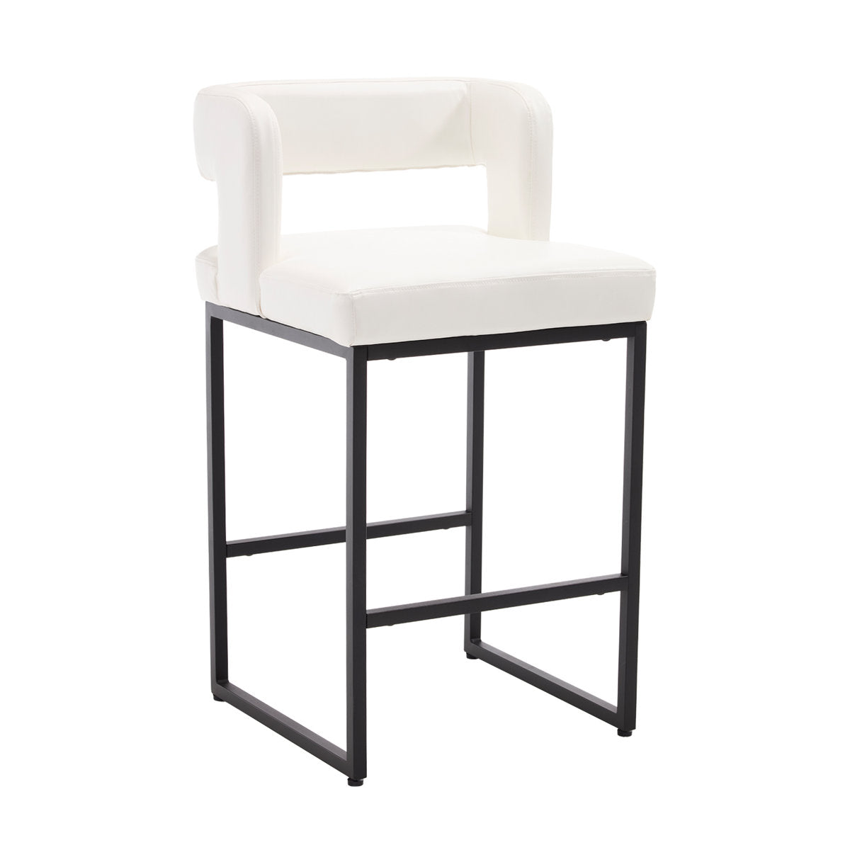 Counter Stool, White Faux Leather Seat, Black Metal Frame, Sled Legs