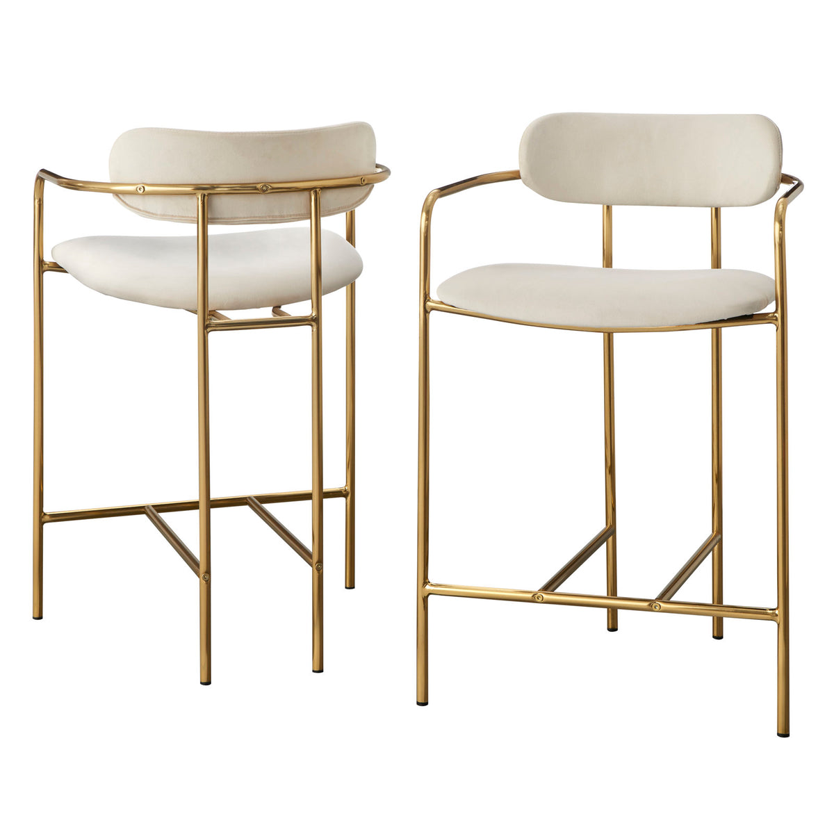 Counter Stools, Set of 2, Cream Velvet, Gold Steel Frame