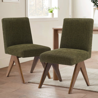 Parsons Dining Chairs, Set of 2, Olive Green Fabric, Walnut Wood Legs