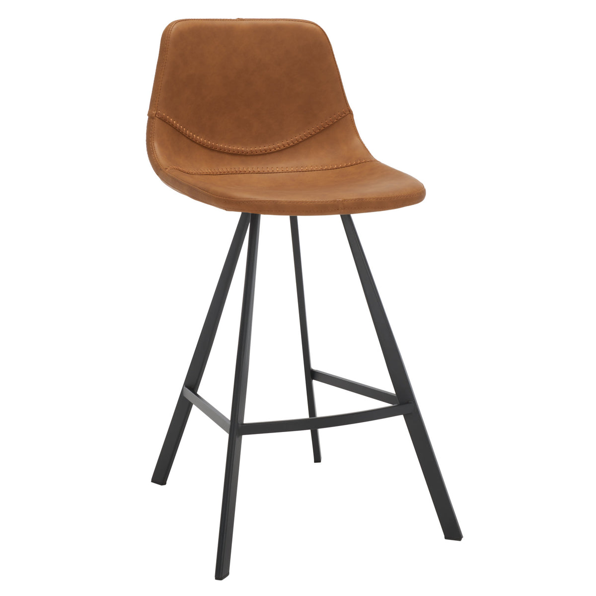 Counter Stool, Cognac Faux Leather Seat, Black Iron Four Legs