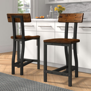 Counter Stools, Set of 2, Solid Wood Frame, Rustic Brown Seat, Gray Base