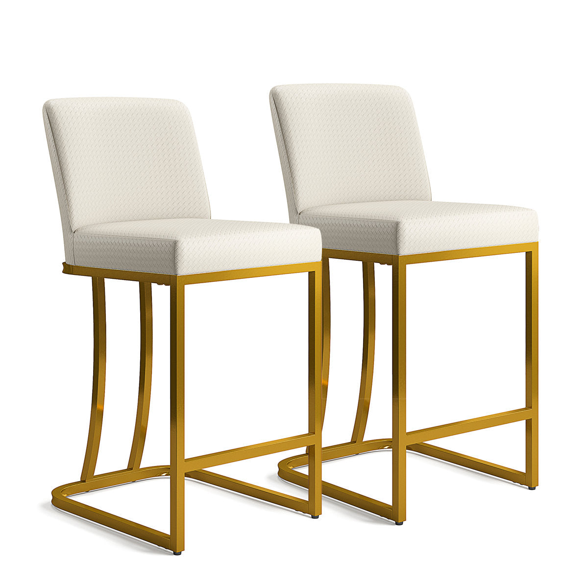 Counter Stools, Set of 2, White Faux Leather, Gold Steel Sled Base