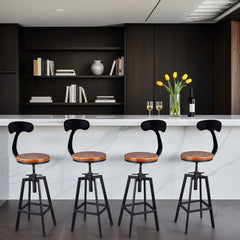 Swivel Bar Stools, Set of 4, Solid Pine Seat, Steel Frame, Brown and Black