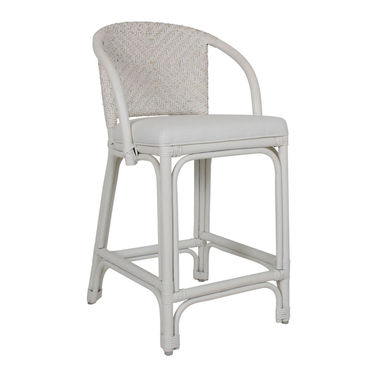 Counter Stool, Rattan Frame with Arms, White Cushion