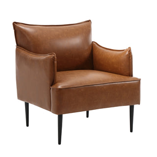Side Chair, Brown Faux Leather, Black Metal Legs, Square Arms