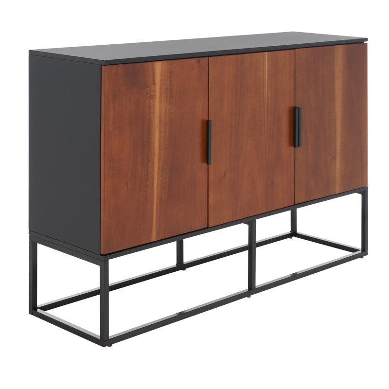Sideboard, 3-Door Solid Wood Cabinet, Brown Finish, Black Metal Base