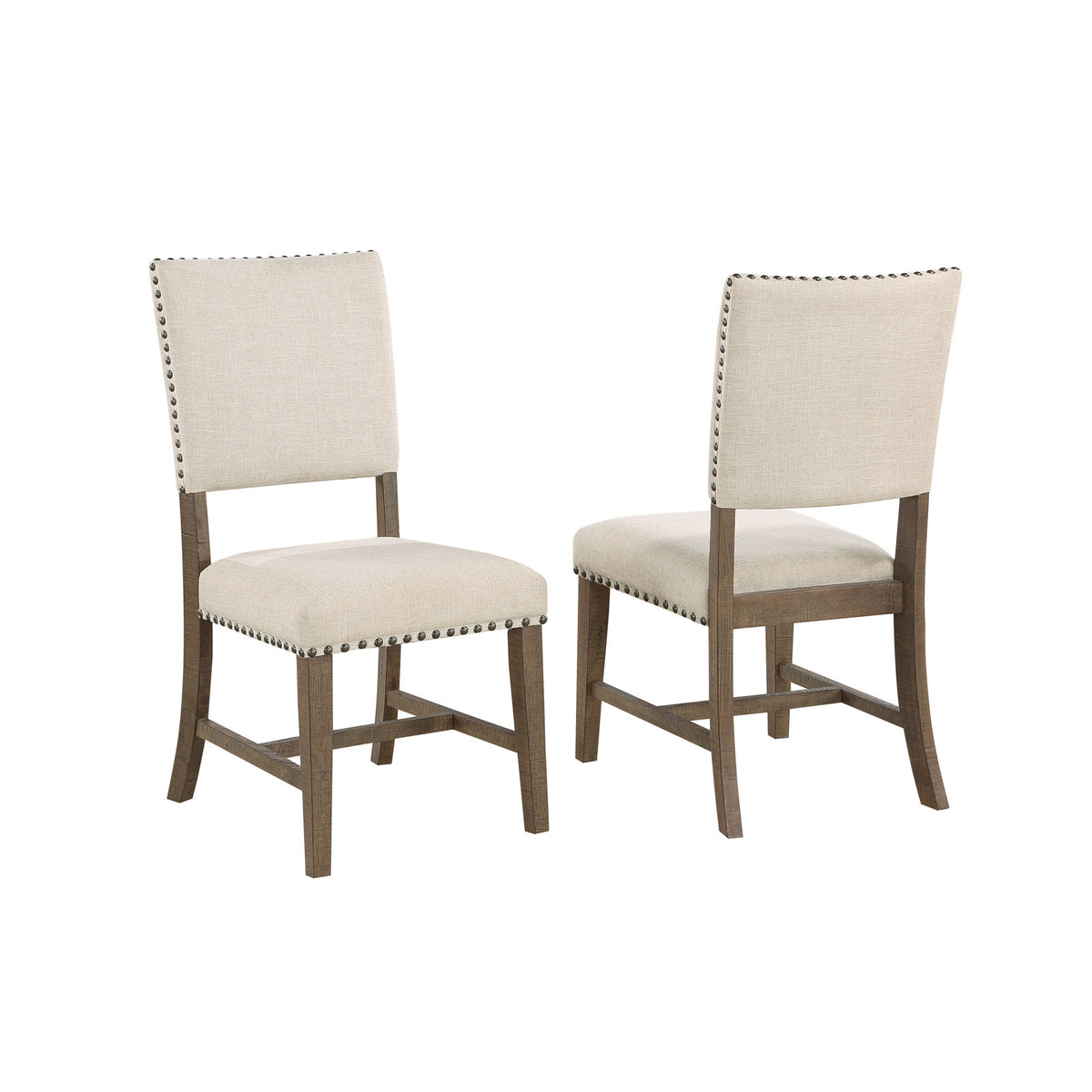 Side Chairs, Set of 2, Linen Upholstered, Nailhead Trim, Brown Legs