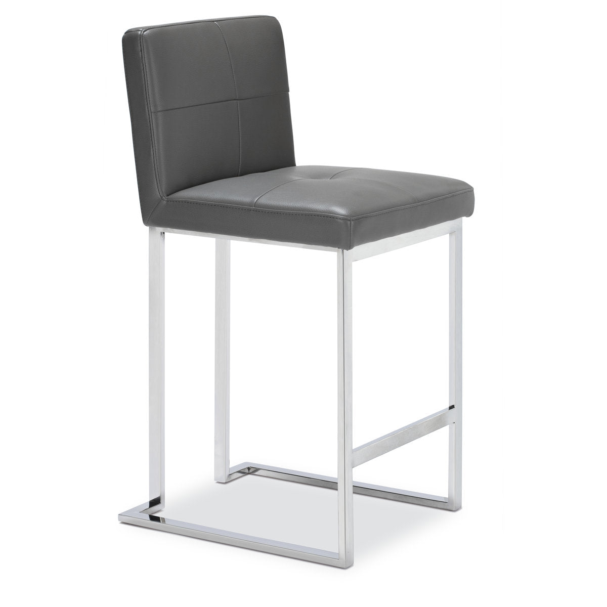 Counter Stool, Gray Faux Leather Seat, Stainless Steel Sled Legs