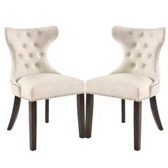 Side Chairs, Set of 2, Ivory White Faux Leather, Dark Walnut Rubberwood Legs
