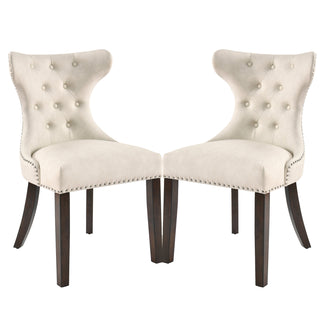 Side Chairs, Set of 2, Ivory White Faux Leather, Dark Walnut Rubberwood Legs