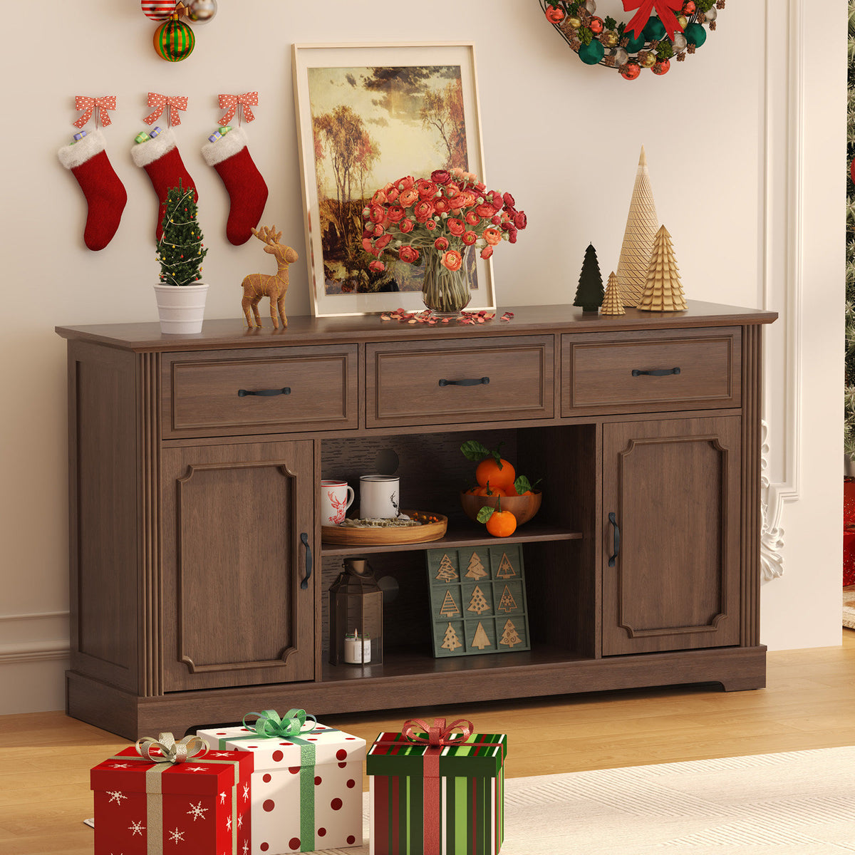 Sideboard, Mid-Century Modern, 60 Inch, Brown Manufactured Wood