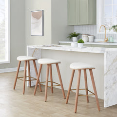 Counter Stools, Set of 2, Upholstered Backless, Cream Seat, White Washed Wood Base