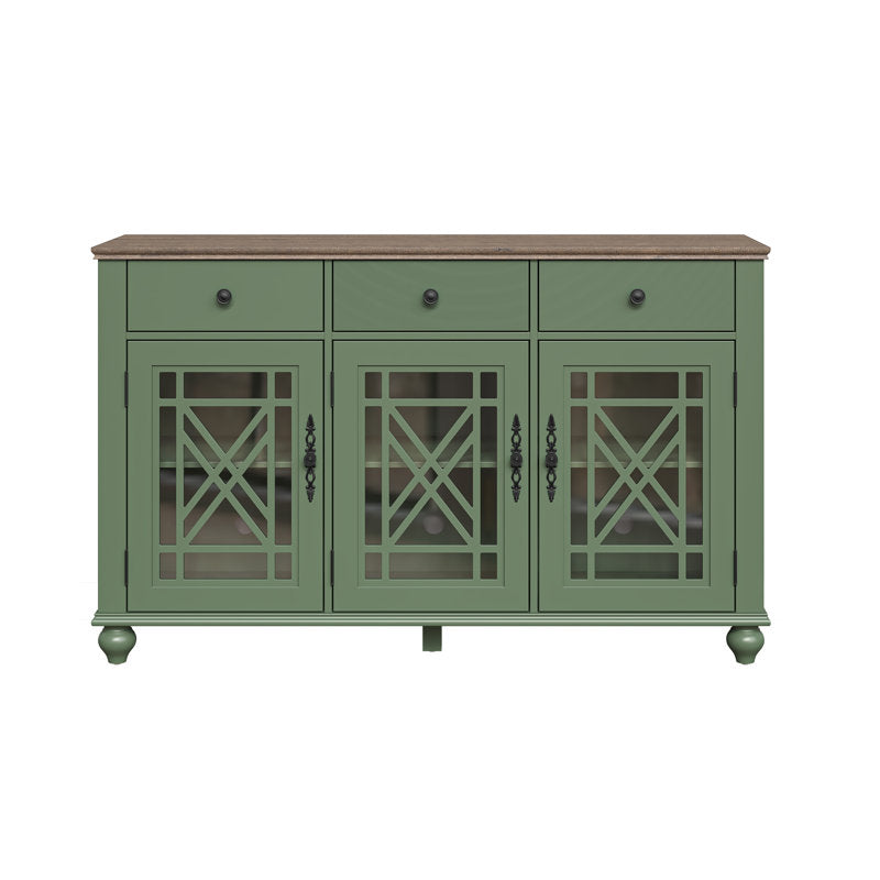 Sideboard, 3 Drawers, 3 Lattice Glass Doors, Green and Dark Brown