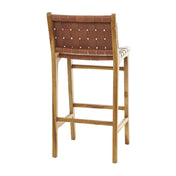 Bar Stool, Brown Leather Seat, Solid Teak Frame, Full Back