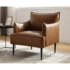 Side Chair, Brown Faux Leather, Black Metal Legs, Square Arms