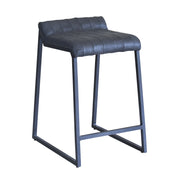 Bar Stool, Gray Genuine Leather Seat, Black Iron Sled Base