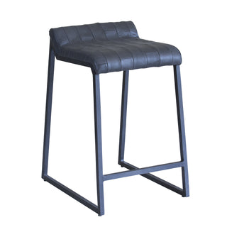 Bar Stool, Gray Genuine Leather Seat, Black Iron Sled Base