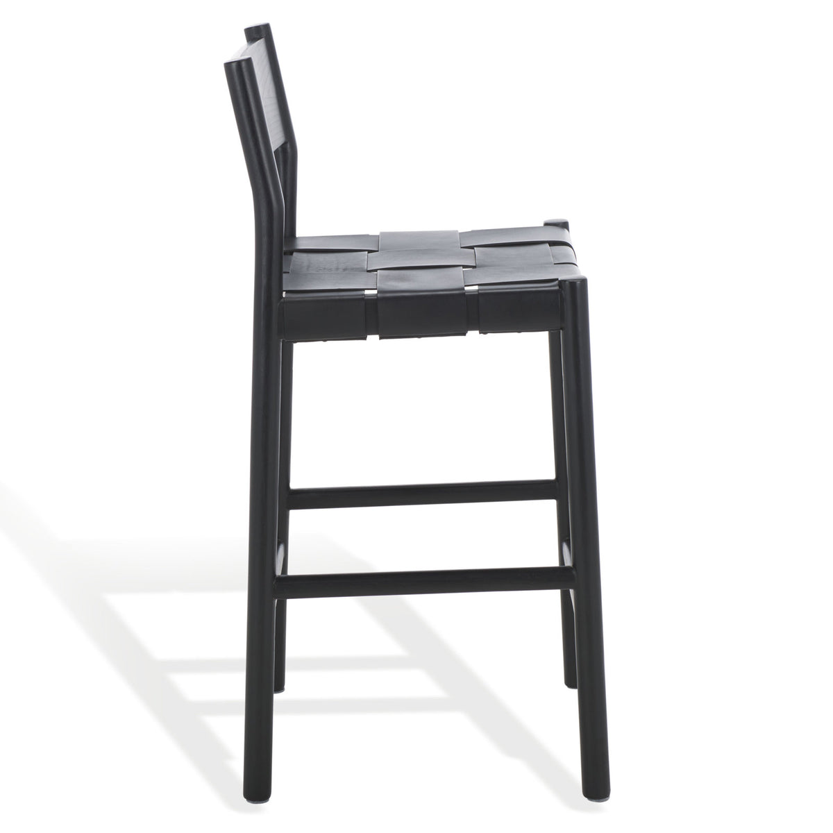 Counter Stool, Woven Leather Seat, Solid Wood Frame, Low Back