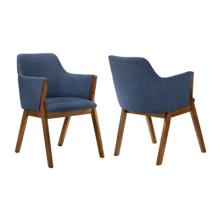 Armchairs, Set of 2, Blue Polyester Blend, Walnut Wood Legs