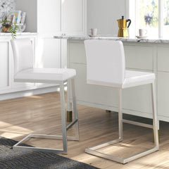Counter Stools, Set of 2, Stainless Steel Frame, White Faux Leather, Silver