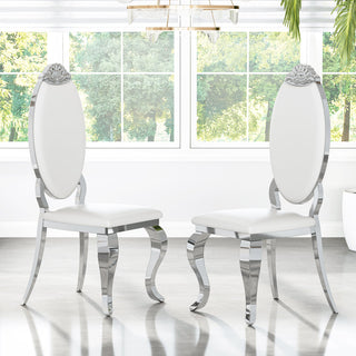 Dining Side Chairs, Set of Two, Stainless Steel Frame, White, Silver Legs