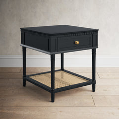 Nightstand, Solid Acacia Wood, Cane Shelf, Drawer, Black
