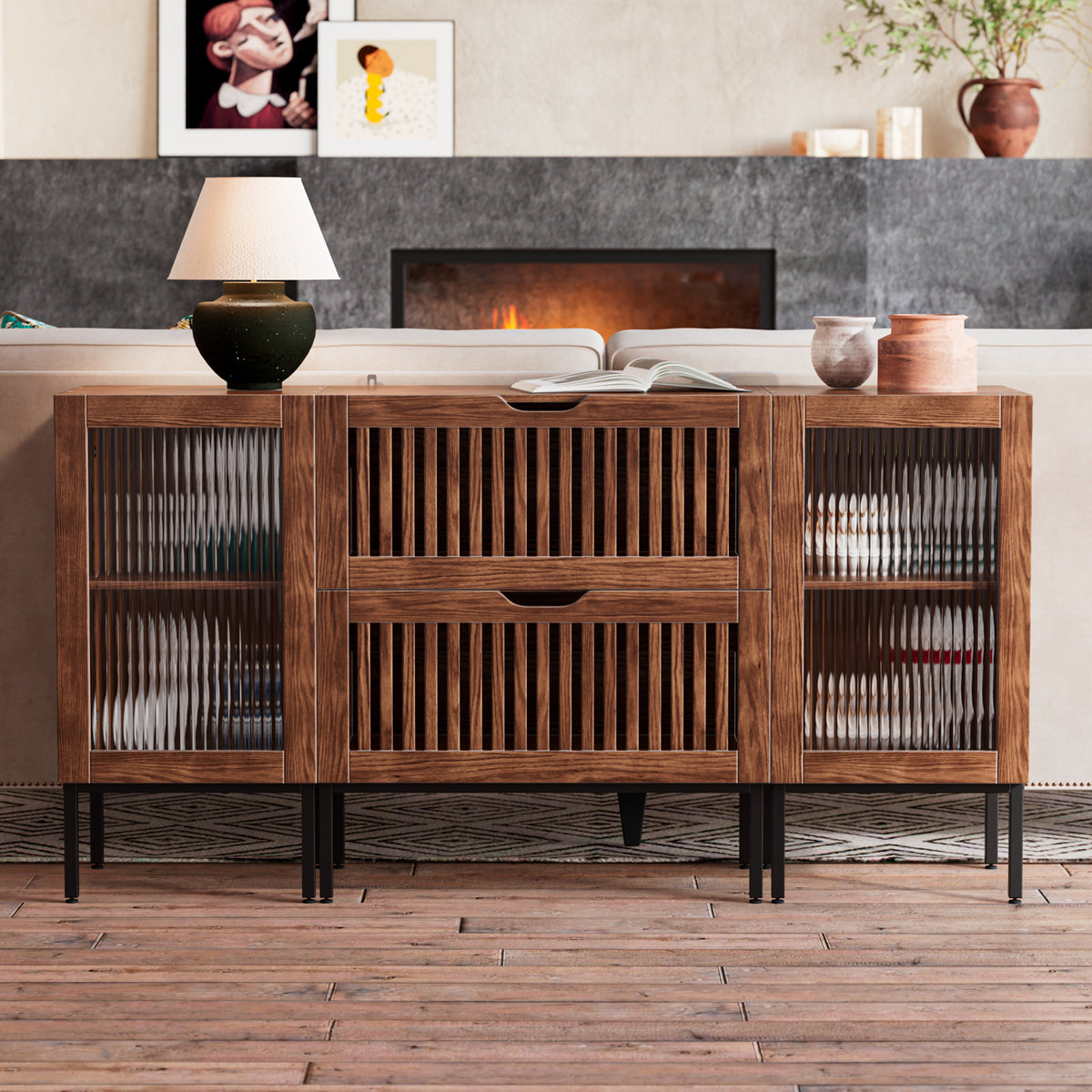 Sideboard Cabinet, 2 Tempered Glass Doors, Manufactured Wood and Metal, Brown