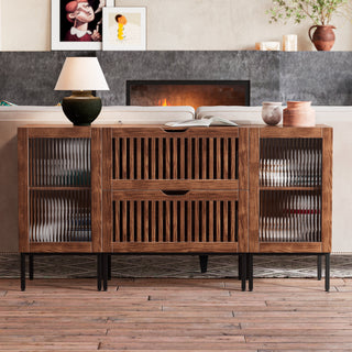 Sideboard Cabinet, 2 Tempered Glass Doors, Manufactured Wood and Metal, Brown